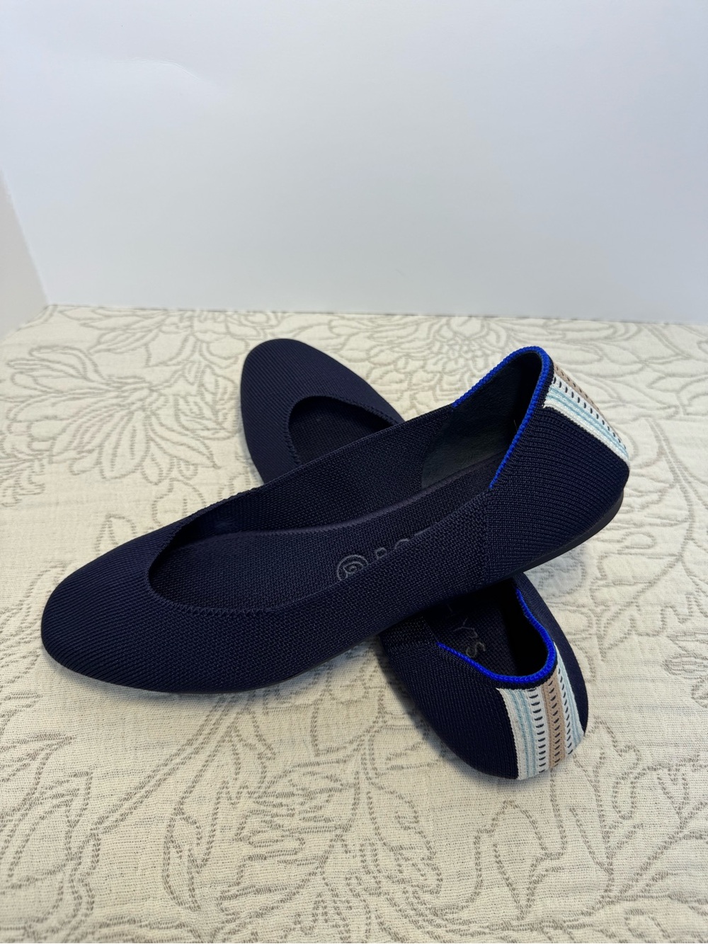 Rothy's Navy Square Toe Ballet Flats with Blue Trim and Striped Heel